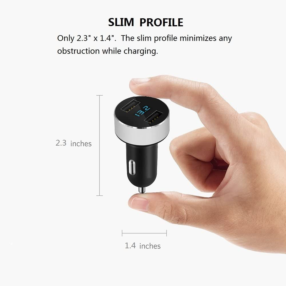 2 USB Car Charger,12V/24V Voltage Meter, Output 4.8A, Cigarette Lighter Plug Adapter Compatible with Iphone,Ipad, Samsung, USB Charging Devices, Silver